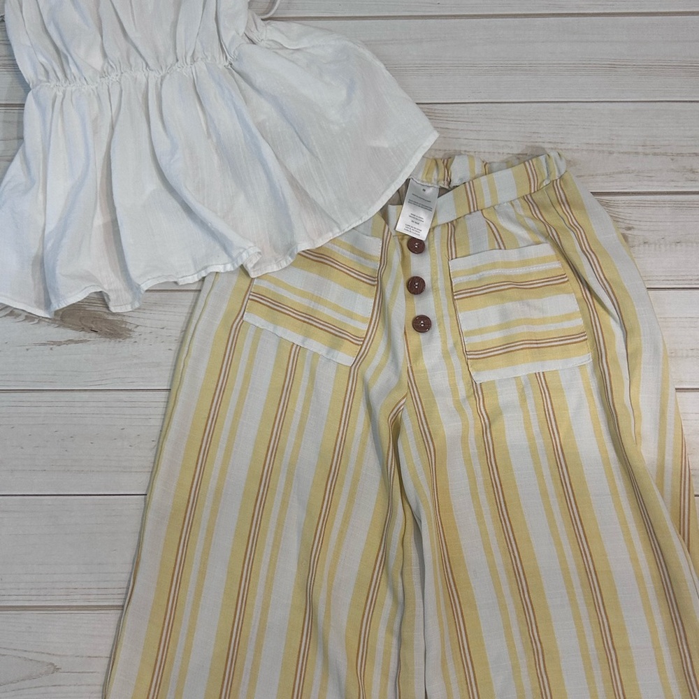 Striped Wide Leg Pants - Yellow and White